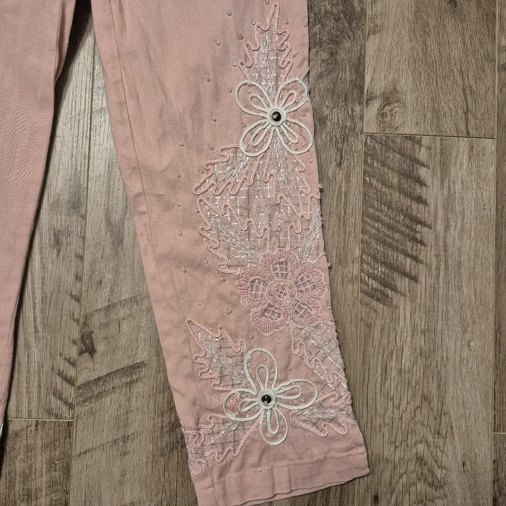 Impulse California Women's Pink Embroidered Floral Jacket Pant Set Size Small/6 - Picture 7 of 9